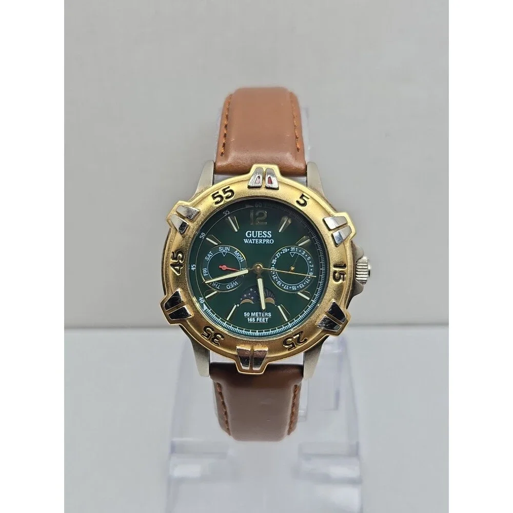 Guess Waterpro Mens Watch 39mm Moonphase Day Date Green Dial Vtg 50m New Battery